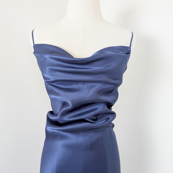 90s Navy Maxi Satin Slip Cowl Neckline Spaghetti Straps Floor Length Open Back - Picture 3 of 14